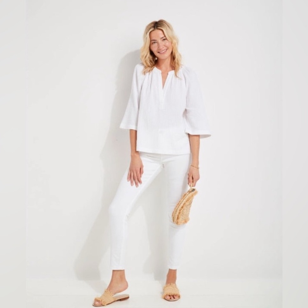 Vineyard Vines Women's Beachy Gauzy White Top, 3/4 Sleeves, Size Small, Cotton